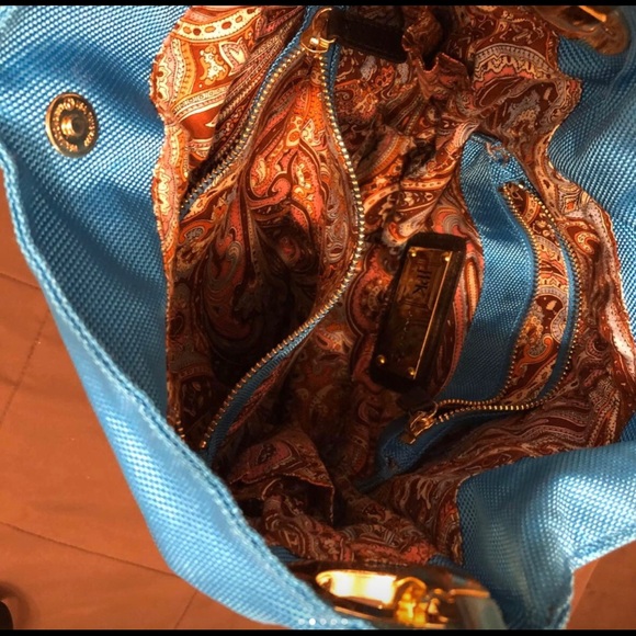 Blue shoulder bag, fabric and leather gold detail - Picture 4 of 4